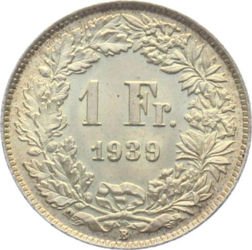 1 Franken 1939 B - fast stempelglanz - Patina